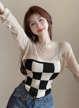 Beige Hollow Long Sleeves And Checkered Top | Seohyun – Girls Generation