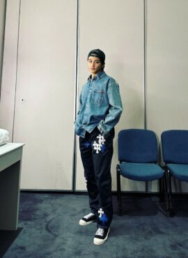 Black Wide Leg Pants With Blue Cross Details | Mark - NCT