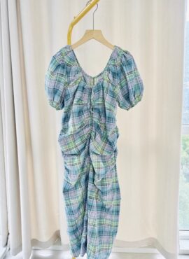 Blue And Green Plaid Puffed Sleeves Dress | Hyein - NewJeans