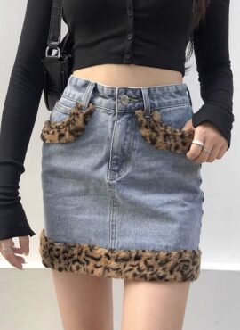 Blue Faux Leopard Fur Denim Skirt | Giselle - Aespa