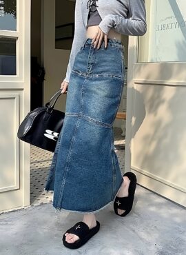 Blue Segmented Long Denim Skirt | Momo – Twice