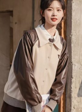 Brown Faux Leather Sleeves Jacket | Seo A Ri – Celebrity