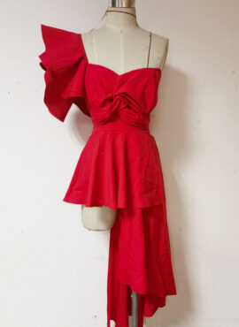 Red Asymmetric Off Shoulder Ruffled Dress | Jennie - BlackPink