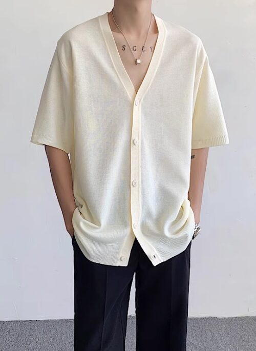 Beige Knitted Short Sleeve Cardigan | Jeongin - Stray Kids