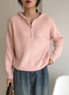 Pink Ribbed Half-Zipper Hooded Sweater | Ahn Go Eun – Taxi Driver