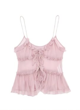 Pink Ruffled See-Through Sling Top | Lily - NMIXX