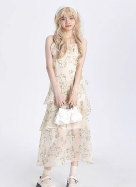 Beige Floral Layered Dress | Shuhua – (G)I-DLE