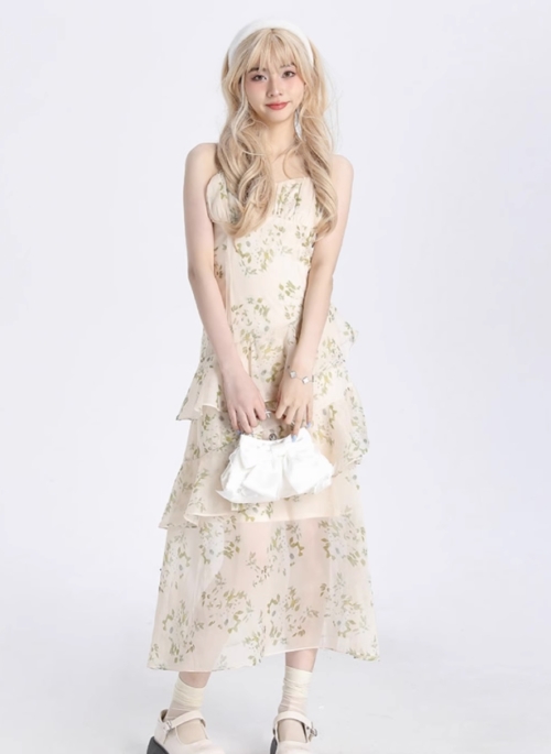 Beige Floral Layered Dress | Shuhua - (G)I-DLE
