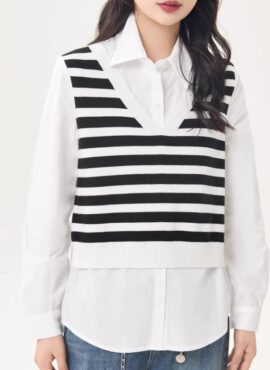 White Fake Two-Piece Striped Vest And Shirt | Yeji - ITZY