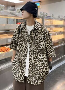 Beige Leopard Print Short Sleeves Oversized Shirt | Taehyung - BTS