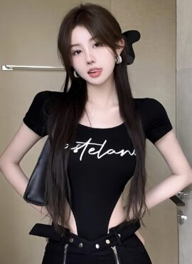 Black Exposed Waist Bodysuit Top | Mina – Twice