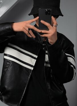 Black Faux Leather Three Stripe Jacket | Chanwoo - iKON