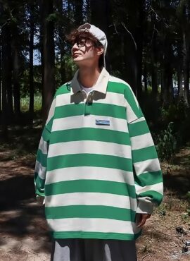 Green Retro Stripe Long Sleeve Polo Shirt | Seungmin - Stray Kids