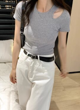 Grey Shoulder Cut-Out T-Shirt | Jihyo - Twice