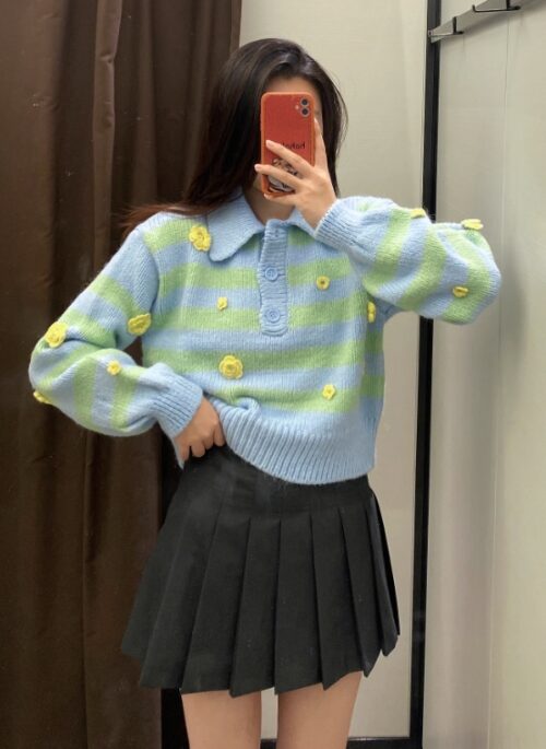 Blue Collared Stripe Sweater With Flower Embroidered | Jihyo - Twice