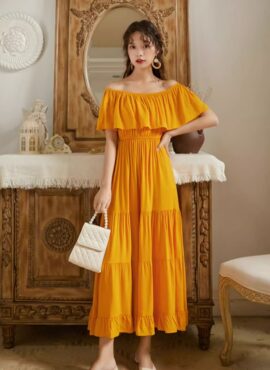 Yellow Off-Shoulder Maxi Dress | Moonbyul – Mamamoo