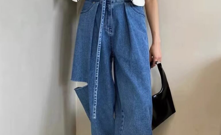 Blue One Sided Cut Tie-Waist Jeans | Nayeon – Twice