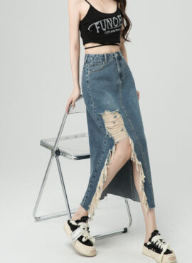 Blue Denim Tattered Midi Skirt | Seeun - STAYC