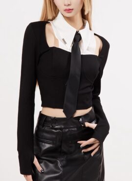 Black Cut-Out Collared Long Sleeve Top | Somi