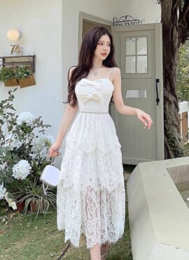 White Double Bow Bustier Lace Dress | Momo – Twice