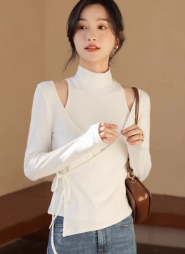 White Two-Piece Illusion Mock Neck Wrap Top | Wonyoung – IVE
