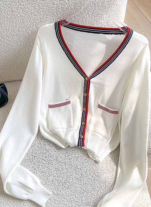 White V-Neck Knitted Cardigan With Contrasting Outlines | Taehyung - BTS