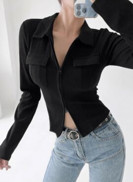 Black Collared Dual Zipper Cardigan | Jihyo – Twice