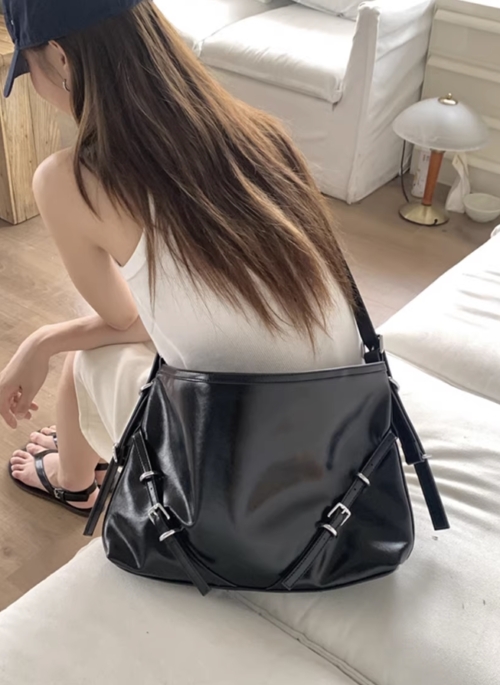 Black Faux Leather Bag With Slanted Belts Details | Bangchan – Stray Kids