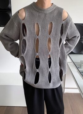 Grey Hole Cut-Outs Pattern Sweater | Sunoo – Enhypen