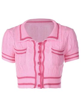 Pink Knitted Button-Down Cropped Polo | Liz - IVE