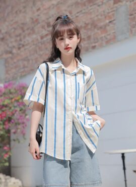 White Striped Short Sleeve Shirt | Seungmin - Stray Kids