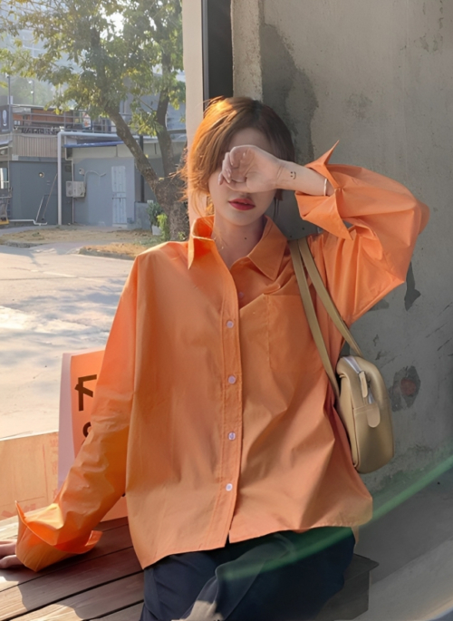 Orange Button-Up Single Pocket Shirt | Sunghoon – Enhypen