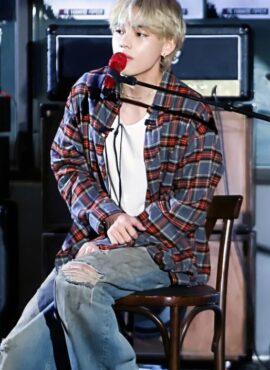 Grey And Red Plaid Long Sleeve Shirt | Taehyung - BTS
