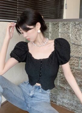 Black Buttoned Puffed Sleeves Top | Rose - BlackPink