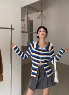 Blue And Brown Striped Cardigan | Maya - XG