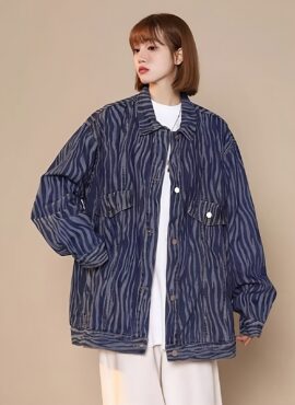 Blue Zebra Pattern Collared Denim Jacket | Goo Ryeon - Tomorrow