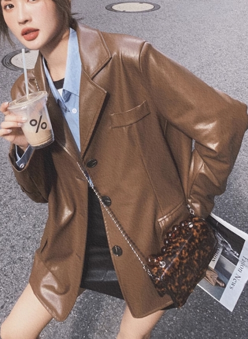 Brown Faux Leather Suit Jacket | Miyeon – (G)I-DLE