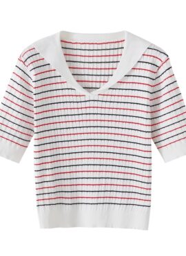 White Collared Stripes Short Sleeve Sweater | Danielle – NewJeans