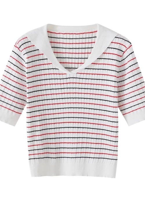 White Collared Stripes Short Sleeve Sweater | Danielle - NewJeans