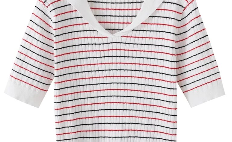 White Collared Stripes Short Sleeve Sweater | Danielle – NewJeans