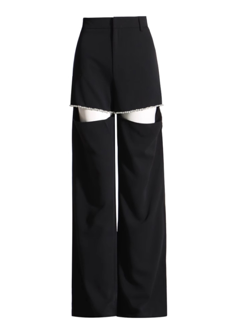 Black Cut-Out Crystal Embellished Pants | Hinata - XG