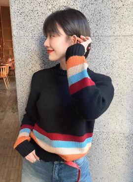 Black Knit Sweater With Multicolored Stripes | Jaehyun – NCT