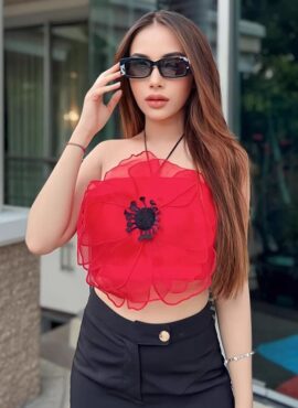 Red Tulle Floral Halter Crop Top | Jennie – BlackPink