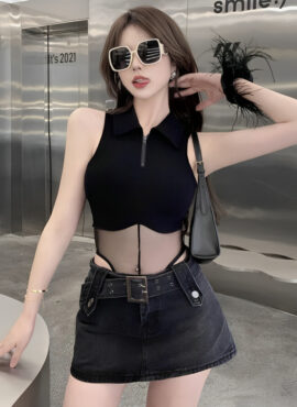 Black Belted Denim Mini Skirt | Juria – XG