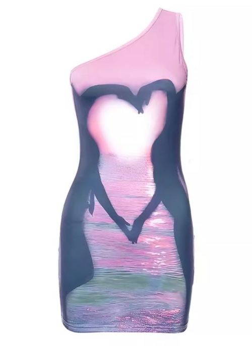 Pink One Shoulder Heart Silhouette Dress | Maya - XG
