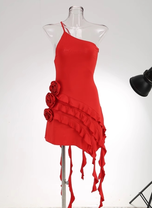 Red One-Shoulder Strap Ruffles Flowers Dress | Soyeon – (G)I-DLE