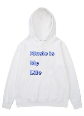White 'Music Is My Life' Printed Hoodie | San - ATEEZ
