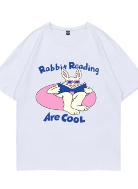 White 'Rabbit Reading Are Cool' Printed T-Shirt | Sunoo - Enhypen