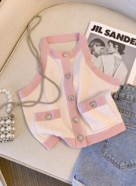 White And Pink Buttoned Halter Top | Jennie - BlackPink