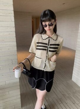 White Striped Short Sleeves Collared Cardigan | Mok Sol Hee - My Lovely Liar